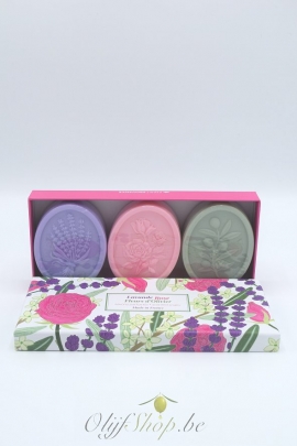 Luxe geschenk koffer met 3 ovale zepen 100 gram - lavendel, rozen en olijf - EP
